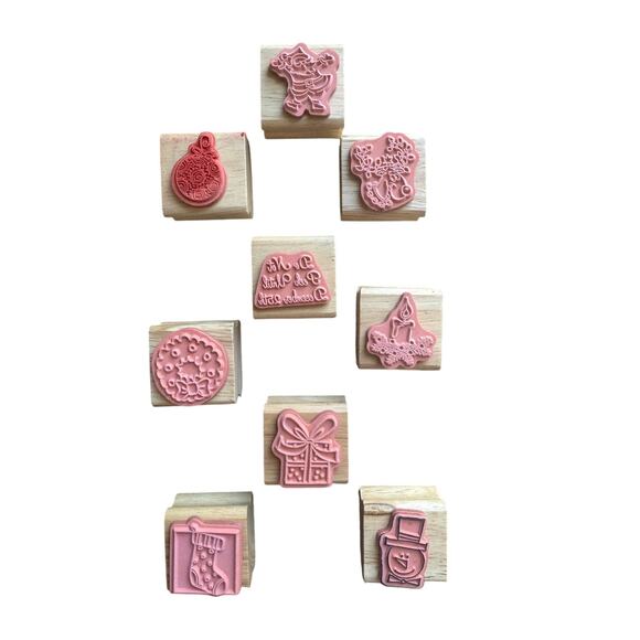 Set of 9 Wood Rubber Stamps Christmas Holiday Arts Crafts Santa Rudolph Gift - Picture 2 of 2